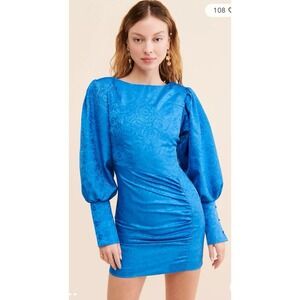 Anthropologie Ghospell Women Small Marlow Satin Mini Dress Ruched Blue Puff Slve